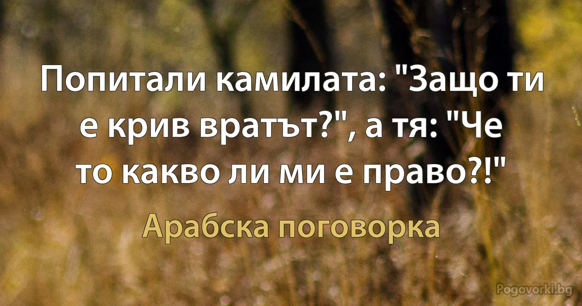 Попитали камилата: "Защо ти е крив вратът?", а тя: "Че то какво ли ми е право?!" (Арабска поговорка)