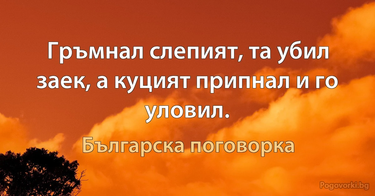 Гръмнал слепият, та убил заек, а куцият припнал и го уловил. (Българска поговорка)