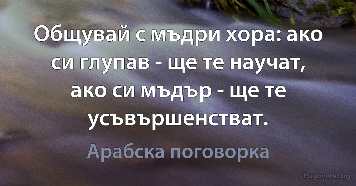 Общувай с мъдри хора: ако си глупав - ще те научат, ако си мъдър - ще те усъвършенстват. (Арабска поговорка)