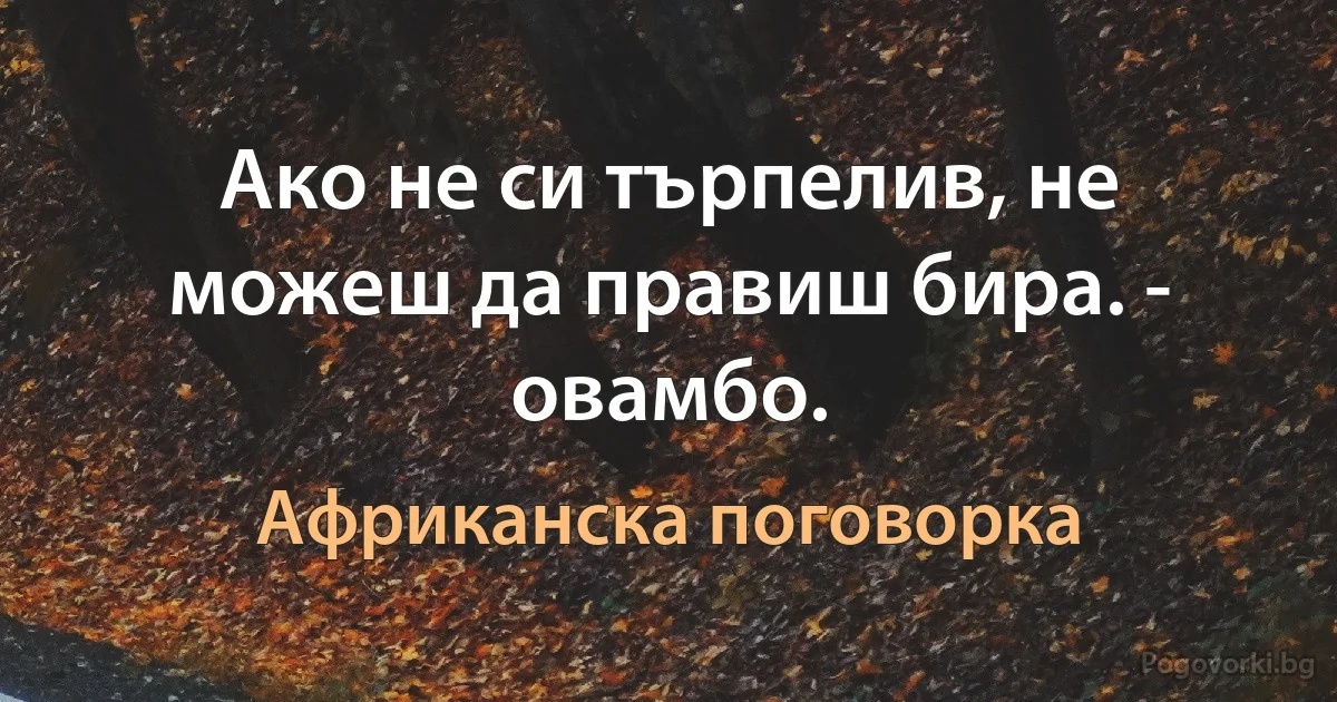 Ако не си търпелив, не можеш да правиш бира. - овамбо. (Африканска поговорка)