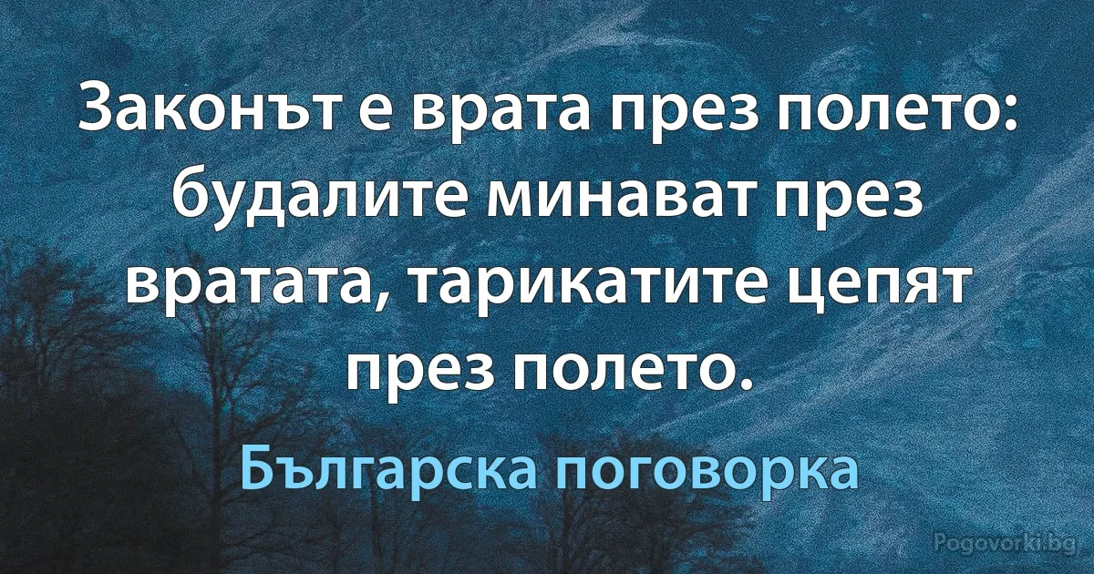 Законът е врата през полето: будалите минават през вратата, тарикатите цепят през полето. (Българска поговорка)