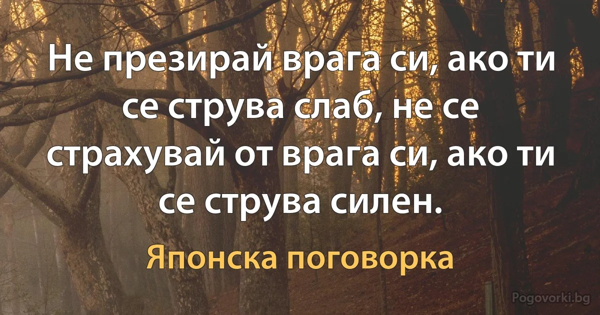 Не презирай врага си, ако ти се струва слаб, не се страхувай от врага си, ако ти се струва силен. (Японска поговорка)