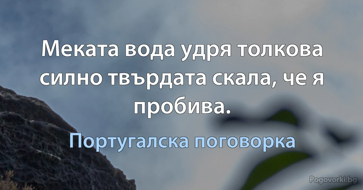 Меката вода удря толкова силно твърдата скала, че я пробива. (Португалска поговорка)