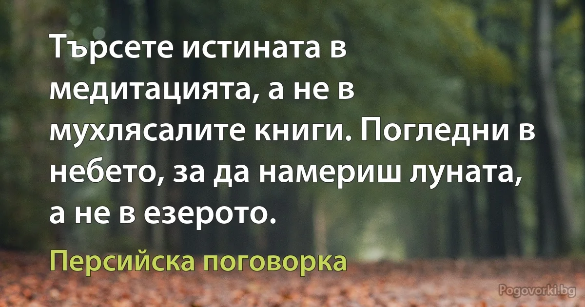 Търсете истината в медитацията, а не в мухлясалите книги. Погледни в небето, за да намериш луната, а не в езерото. (Персийска поговорка)